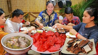 River shrimp, Tiny fish, Sweet water melon are on table for Sros's family dinner | Family Eating