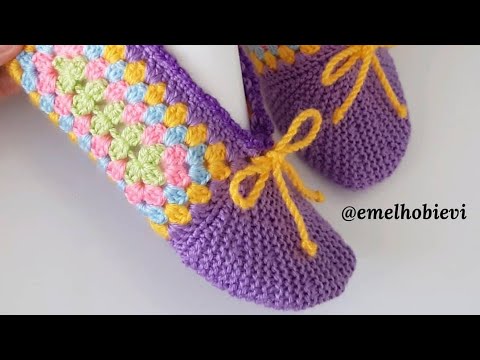 EMELHOBİEVİ TASARIMIDIR / HanimDilendiBeyBegendi Motifli Patik Yapimi/Granny Square Crochet Slippers