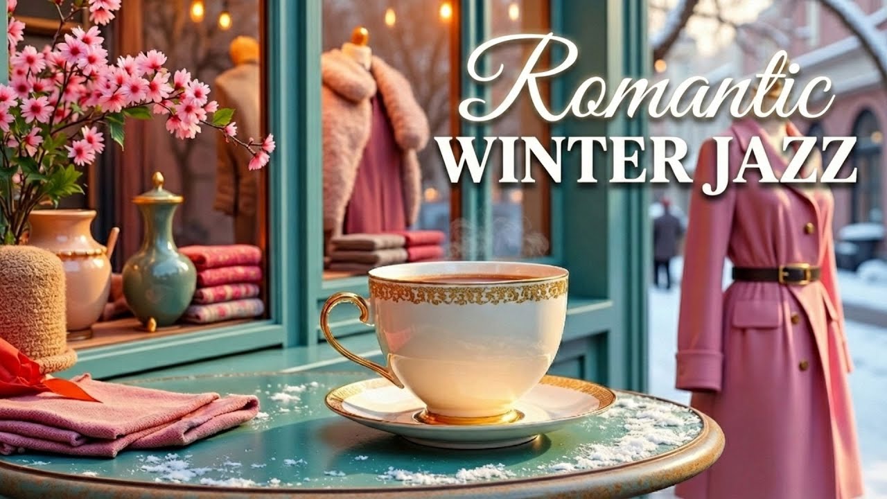 Romantic Winter Jazz ♥️ Beautiful City Ambience with Pink Flowers & Snow - Instrumental Bossa Nova
