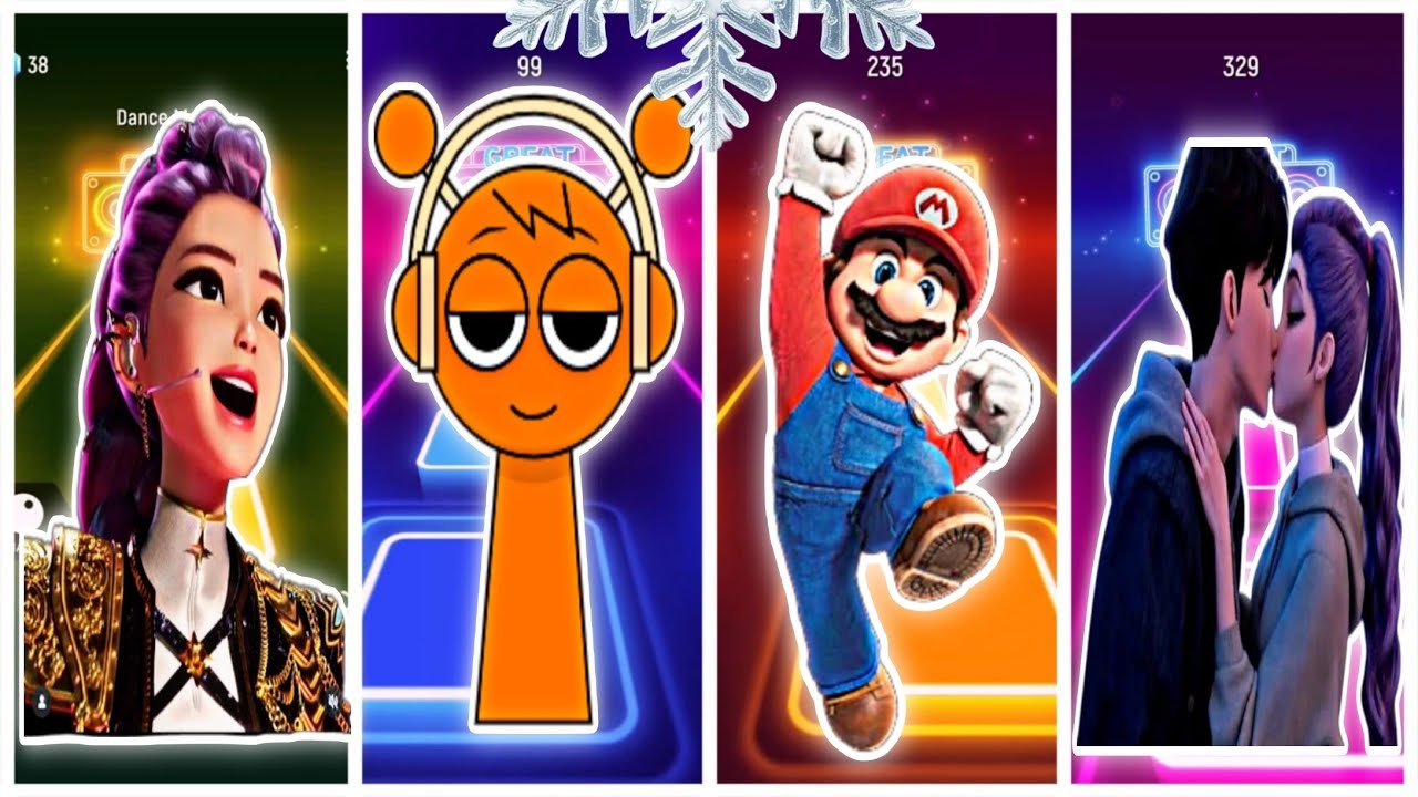 Tiles hop dansing. K-POP demon hunters VS sprunki VS super mario VS Saja boys. Who is better? 