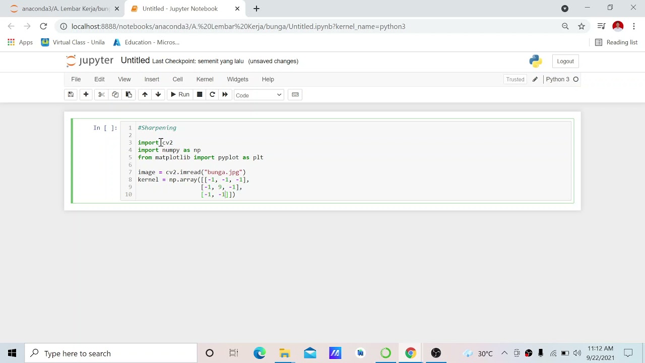 CARA MEMBUAT FILTER SHARPENING DI PYTHON ANACONDA - YouTube
