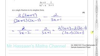 EDEXCEL IAL WMA13 P3 new Sample Assesment Paper 2018 Q1 Algebraic Fractions
