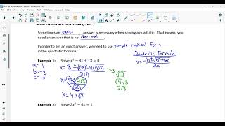 Sec 4B-2 Alg 2 Quadratic Formula in Simple Radical Form