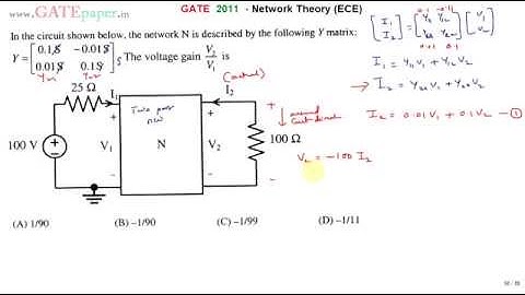 GATE 2011 ECE Voltage gain of given network with Admittance matrix