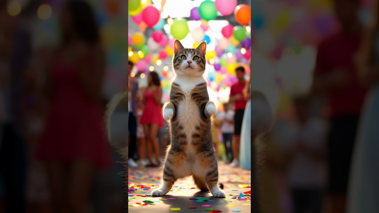 A cat dances energetically on hind legs at a vibrant party, eyes wide, mouth open mid-meow.