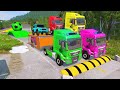Double flatbed trailer truck vs speedbumps train vs cars  tractor vs train beamngdrive 044