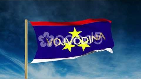 Vojvodina Flag Slider Style With Title. Waving In The Wind With Cloud Background
