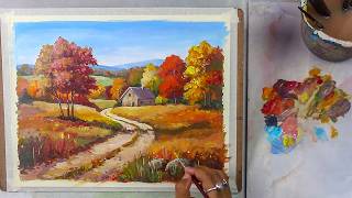 How to Paint a Beautiful Autumn Landscape with Acrylics | Fall Scenery Painting