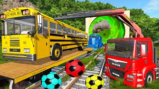 Double Bus vs Rails and Train - Cars vs Deep Water - BeamNG Drive