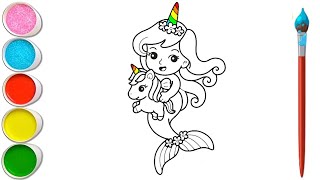 Cute mermaid and unicorn drawing , colouring & painting 🎨 🧜‍♀️ 🦄 | for kids and toddlers _ kids art.