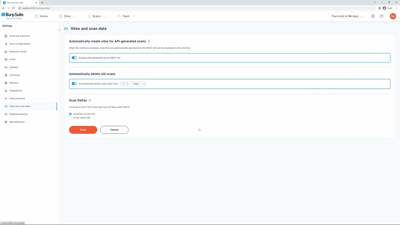 Configuring site and scan data settings in Burp Suite Enterprise Edition