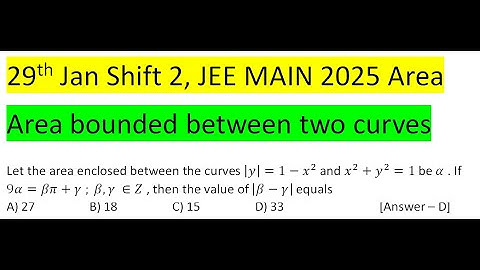 Let the area enclosed between the curves |y|=1-x^2 and x^2+y^2=1 be α . If 9α=βπ+γ ; β,γ ∈Z , then