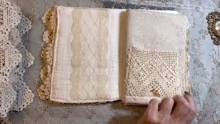 Fabric Junk Journal Tutorial Process Video Series - part 3 lace pockets and tucks sewn onto pages