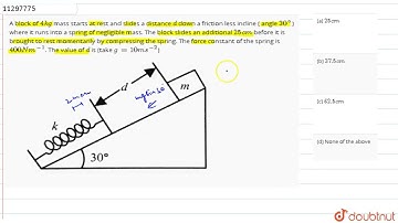 A block of 4kg mass starts at rest and slides a distance d down a friction less incline ( angle ...