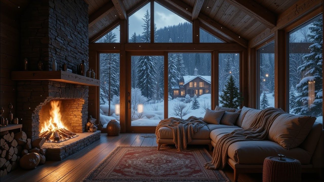  Snowy Village Cabin –  Cozy Fireplace & Relaxing Music for Deep Sleep🔥