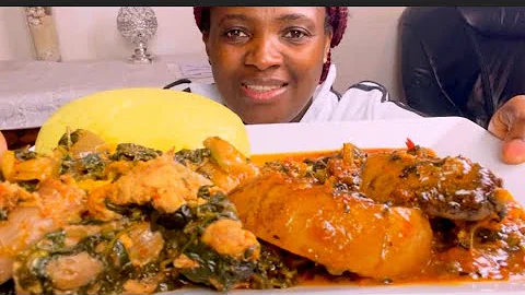 African food bitter leaf soup +vegetable soup with Fufu/ mukbang bang/eating soft Sounds/eating show