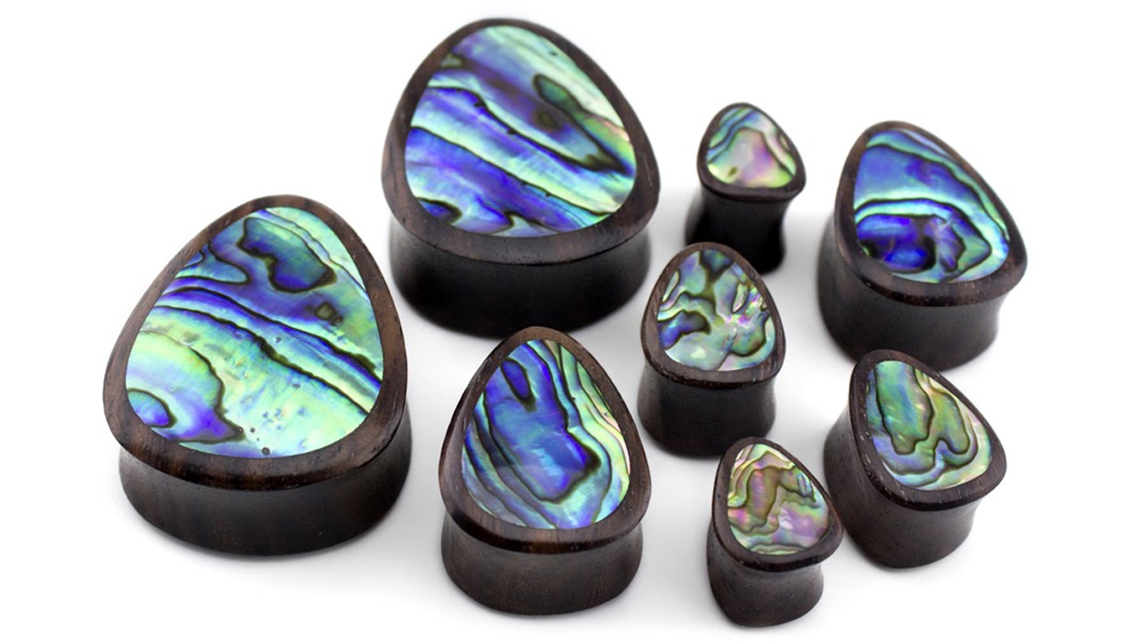Wood Teardrop Plugs With Abalone Shell Inlay 1/2" - 1 & 1/4" inch | UrbanBodyJewelry.com