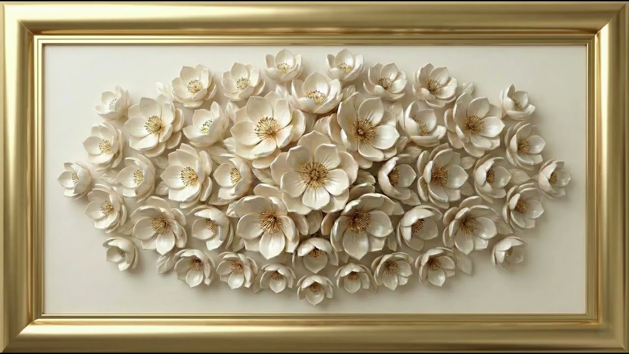White Flowers in Gold Frame | Elegant Floral Wall Art (No Music)