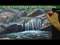 Acrylic Painting Tutorial How to Paint Realistic Close-Up Small Waterfall with Rocks in Forest River