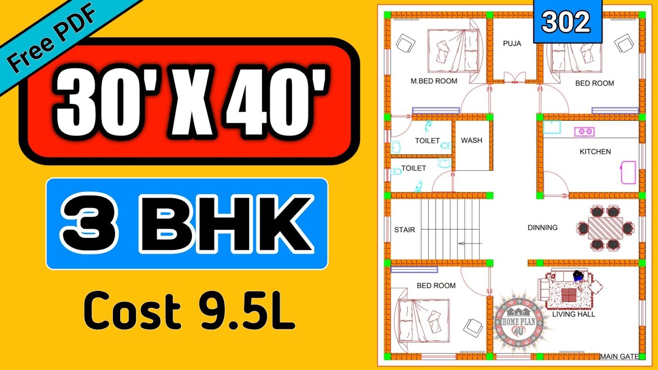 40x30 House Plan 3bhk With Its Front Elevation Design 1200 Sq Ft
