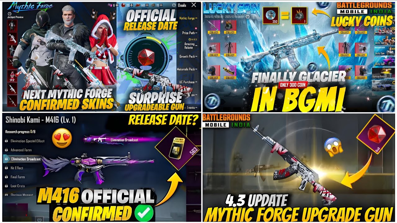 🔴NEXT MYTHIC FORGE BGMI 4.3🔥UPGRADEABLE GUNS😍| M416 GLACIER IN BGMI🥶RETURN?| SHINOBI KAMI RETURN 4.3
