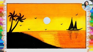 Sunset Scenery Drawing with Oil Pastel | How to Draw Sunset Scenery with Oil Pastel Step by Step