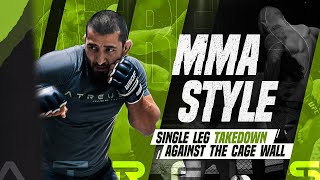 MMA style Single Leg takedown against the cage wall