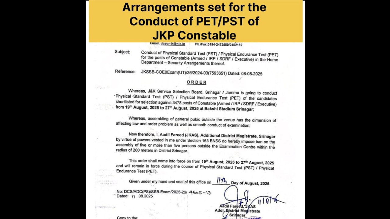 Arrangements set for the conduct PET/PST of JKSSB JKP constable | 