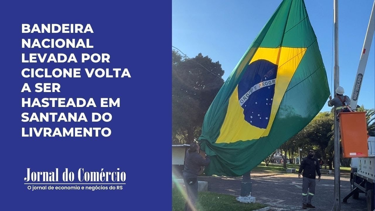Bandeira nacional levada por ciclone volta a ser hasteada em Santana do Livramento