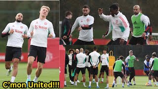 Man United training today 🔥, ready for Chelsea! Hojlund, Amrabat, Shaw, Bruno, Garnacho in action.