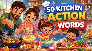 50 Kitchen Action Words for Kids | Learn Cooking Action Verbs in English | English Vocabulary