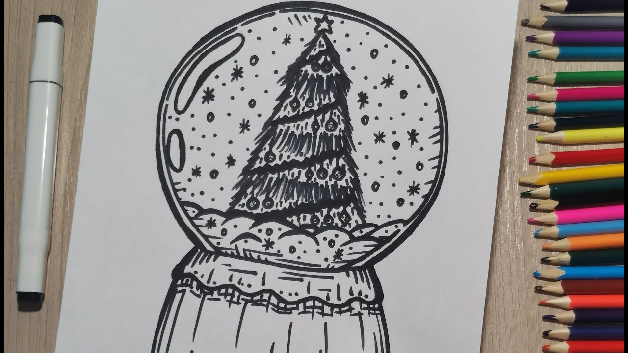 Как нарисовать снежный шар. Новогодняя ёлка. Рисунок для срисовки. Snow globe. Christmas tree