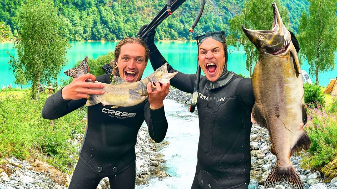 Mit der Harpune Lachse im norwegischen Fluss jagen 🎯