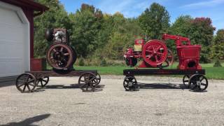 Two opposite Hit Miss Engines Starting and Running