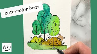 Cute bear in a forest watercolor