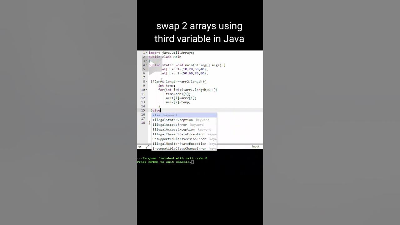 How to swap two arrays using the third variable in Java #shorts #code # ...