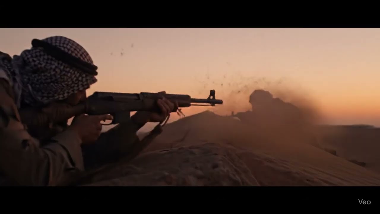 A war scene In an Arabic style and form that mimics the wars of the Arab tribes