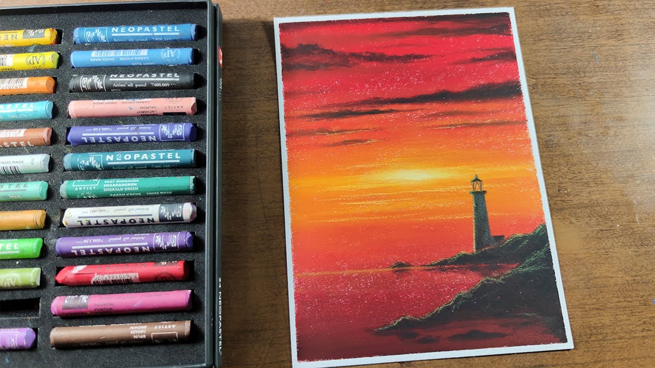 Atardecer en el Faro, Colorido Dibujo con Óleo Pastel