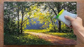 Challenge #04: Use a dish-washing sponge to paint a landscape featuring trees / Acrylic painting.