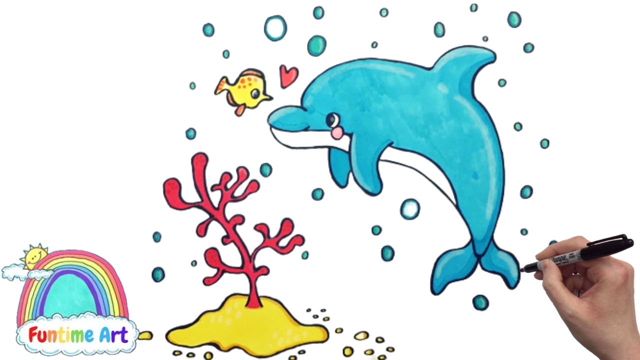 HOW TO DRAW AND COLOUR IN A DOLPHIN stepbystep drawing 