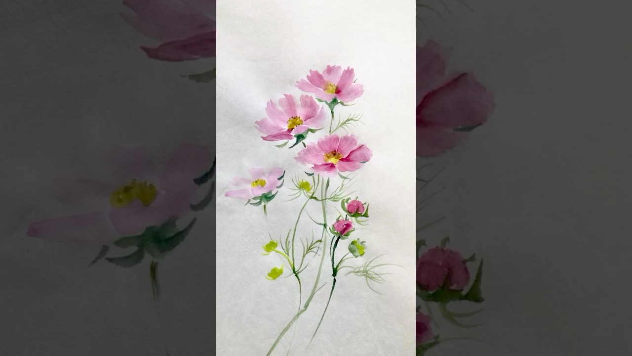 墨彩画? 水彩画? 水墨画? 落款有り 花 額付 コスモス #japaneseculture #art #墨絵 #drawing #水墨画 #墨彩