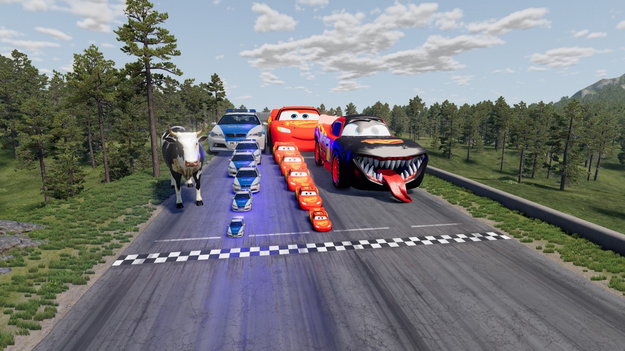 Big & Small McQueen & Police Car vs Zombie McQueen, Huge Pit Race - Beamng drive