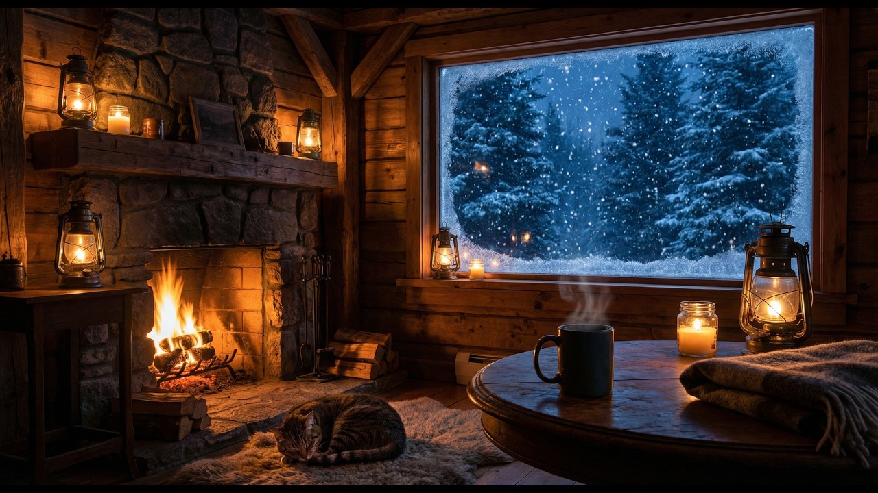 Sleeping Cat by the Fireplace in a Snowy Cabin | 5 Hours Winter Cozy Jazz