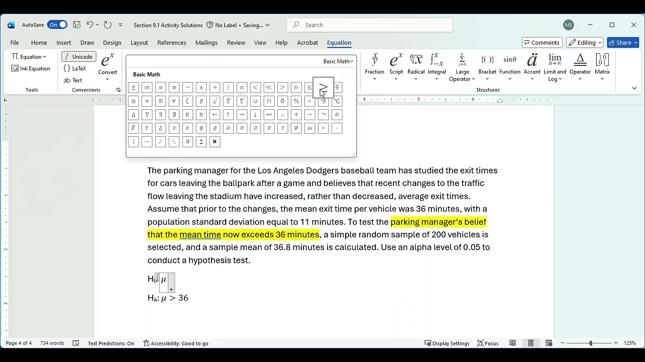 Section 9.1 Activity Part 2 (Testing Hypotheses About Means)