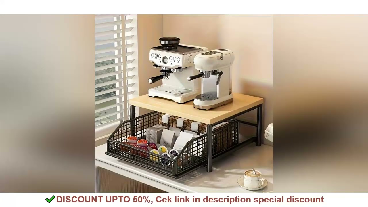Kitchen Countertop Organizer with Drawer & Wire Basket - Sturdy Hardwood & Metal 2-Tier Storage Shel