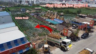 Perfect First Start New project! Dozer Mitsubishi & trucks push Soil into fill the pond (DeletePond)