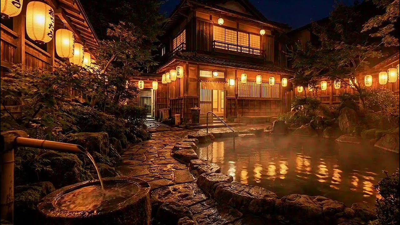 🌙 Japanese Onsen Night Ambience | Relaxing Hot Spring Sounds for Deep Sleep & Meditation ♨️
