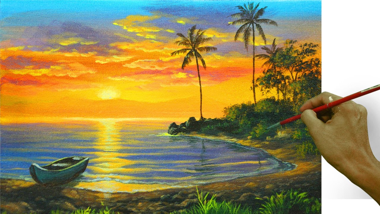 Acrylic Landscape Painting in Time-lapse / Tropical Sunset Beach ...