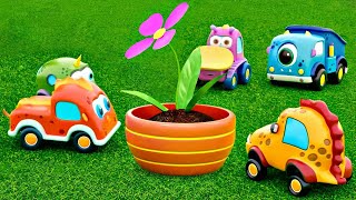 Vamos plantar flores com os carrinhos! Desenhos animados em português. Desenho animado infantil