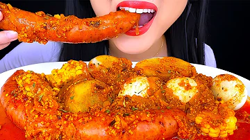 ASMR BLOVES SEAFOOD BOIL SAUCE with SPICY SAUSAGE, EGGS, POTATOES & CORN (MUKBANG) ASMR Phan